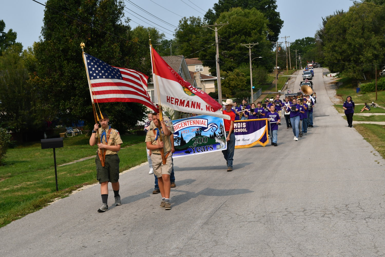Gasconade residents and former residents celebrated the 200th anniversary of the river community’s founding with a parade and picnic Saturday. Boy Scout Troop 116 from Hermann and the Chamois High School Pirate Pride Band lead the parade into the downtown area.