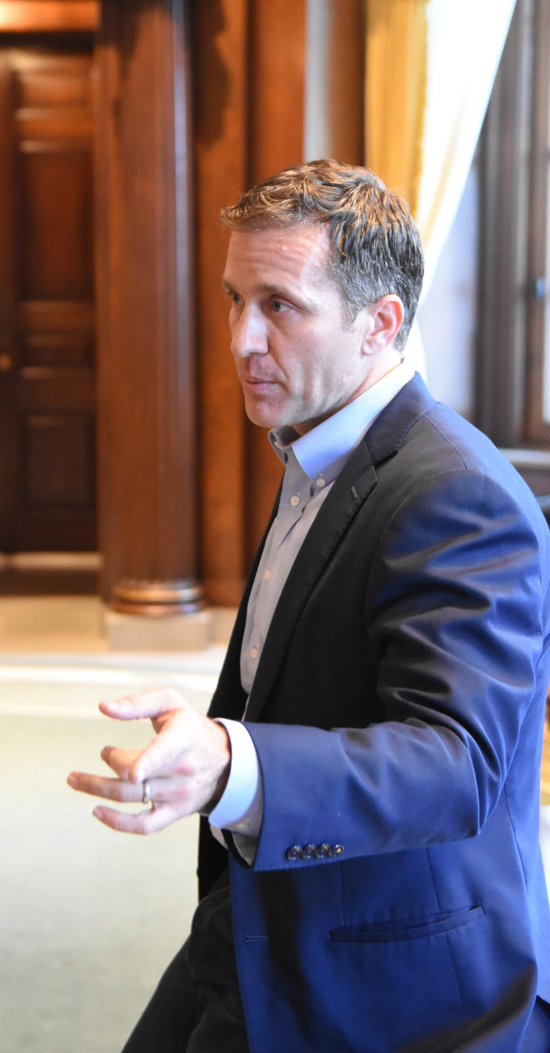 Then Missouri governor Eric Greitens speaks to newspaper editors in his office in December 2017 — only a couple months before an extra-marital affair became public with the fallout eventually ending his brief term through resignation.