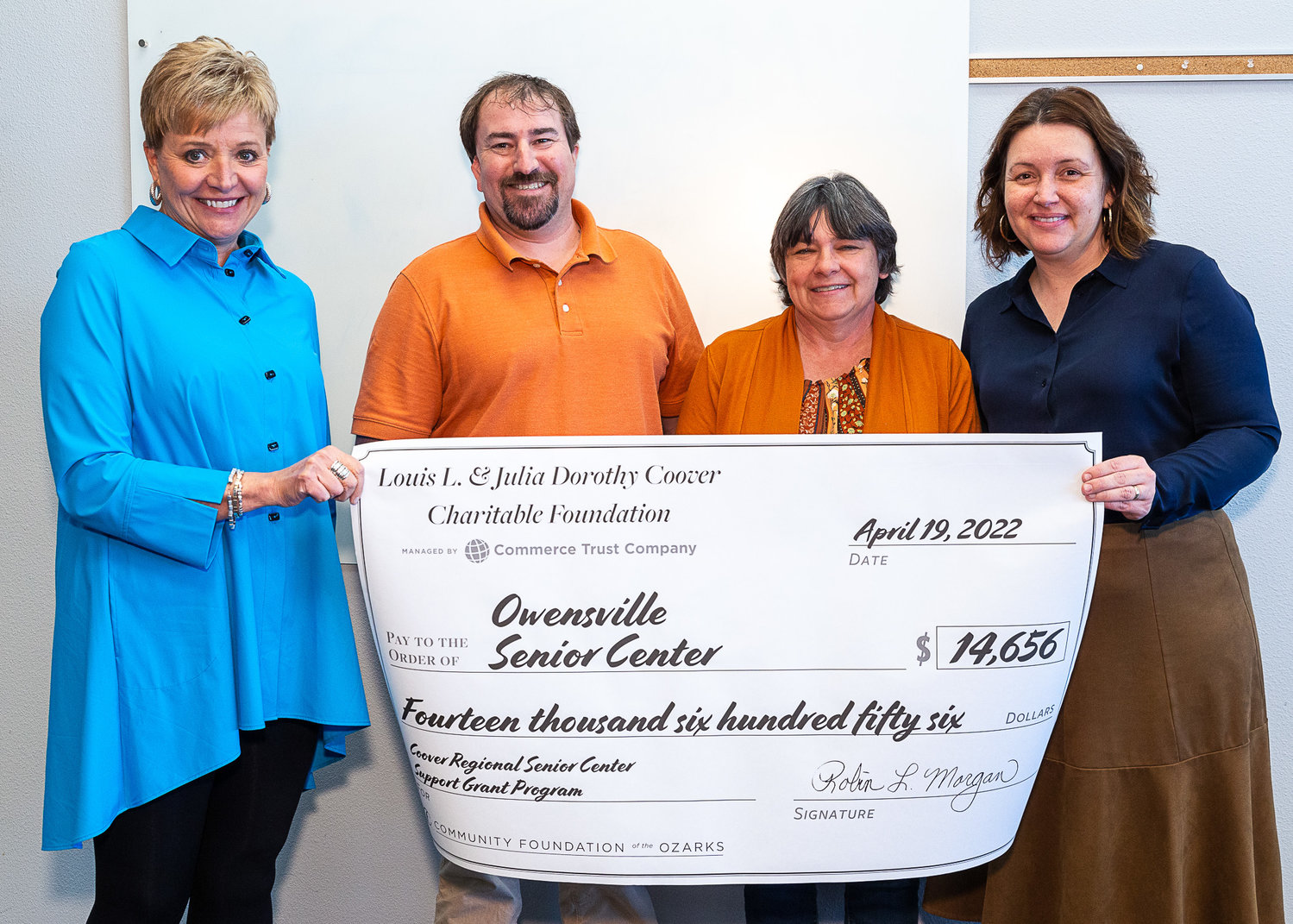 Owensville Senior Center was the April 19 recipient of a $14,656 grant from the Louis L. and Julia Dorothy Coover Charitable Foundation. Pictured (from left) are Jill Reynolds, Commerce Trust Company, Kyle Lairmore and Sharon Nowack, representing the Owensville Senior Center, and Bridget Dierks, Community Foundation of the Ozarks.