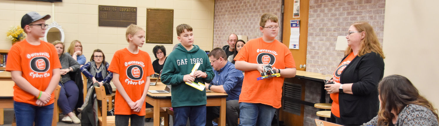 Owensville Middle School (OMS) Robotics Team, Cyber Clan, presented on Jan. 17 their robot Steve to the Gasconade County R-2 Board of Education. The group shared aspects of the competition where they won first place in design.