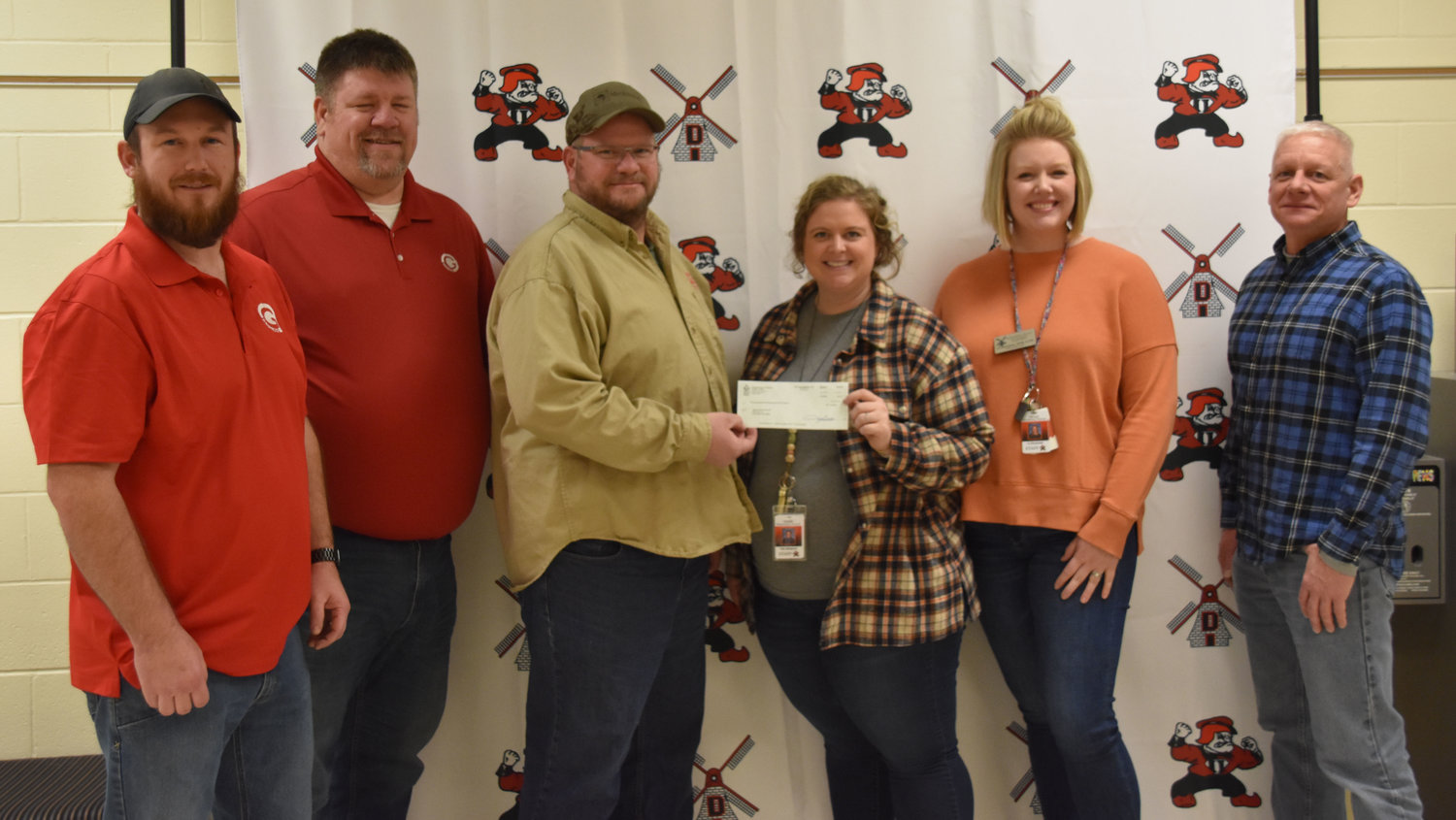 A donation from the Owensville Masonic Lodge 624 and Grimco to OMS School Lunch Relief in the amount of $4,500 was presented by to Sam Mangrum and Liz Buemmer. From left Grimco’s Shaun Christopher and Daniel Kleinheider, Masonic’s Cletus Rademacher, Mangrum, Buemmer, and Masonic’s John Behrens.