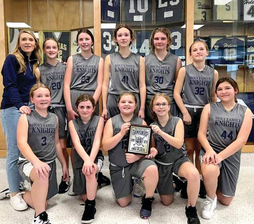 Holy Family’s sixth-grade girls’ Lady Knights finished second at the Catholic Bowl. Team members are, from left to right, front row, Maura Falter, Kinzie Haller, Kamryn Lee, Addi Kampeter, and Lily Falter; and in the back row, Kristi Beck, Molly Struemph, Alexis Rudroff, Chloe Brune, Alexis Curtis, and Kate Struemph.
